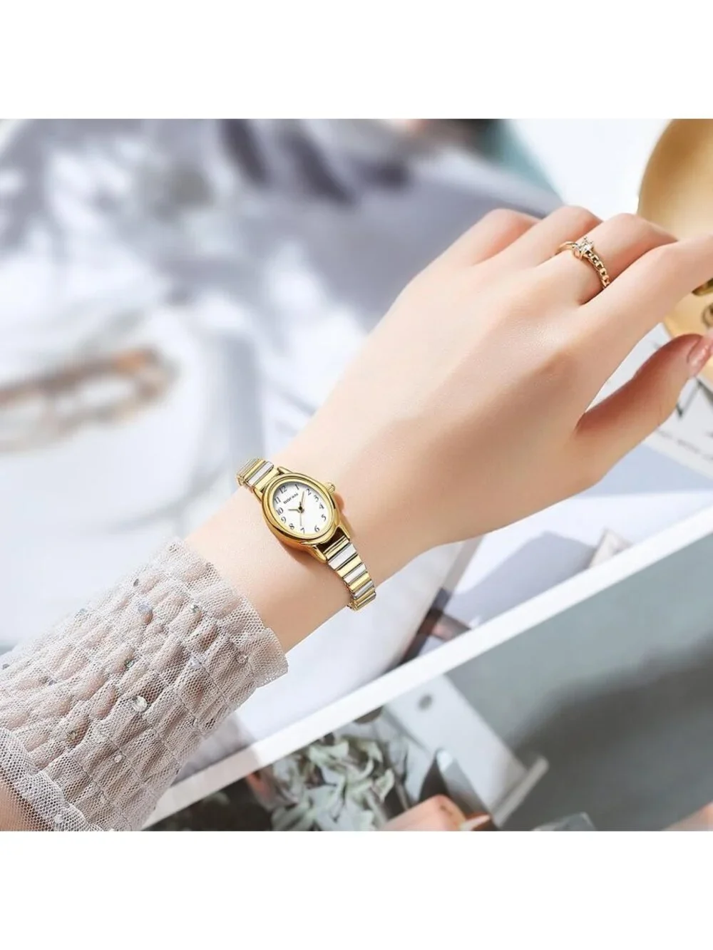 Womens Gold Silver Analog Quartz Stainless Steel Waterproof Bracelet Wrist Watch